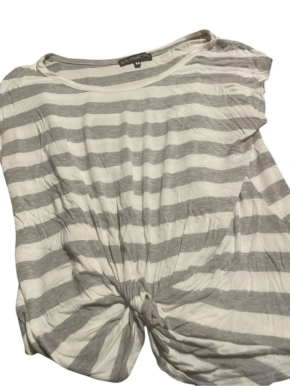 Elite Collection sz med Women's Gray & White Striped Knot Front Top